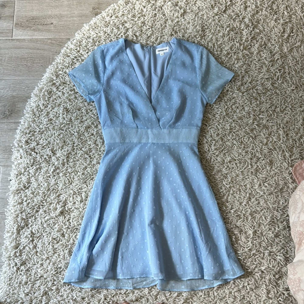 Light blue, deep v-neck, zippered back, lined dress
